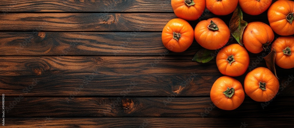 Aufkleber ripe orange persimmons on a brown wooden table background of persimmons with copyspace for text