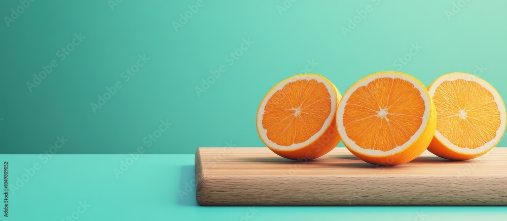 Aufkleber ripe tasty cut and whole oranges on a wooden cutting board against a vibrant background. with copy s
