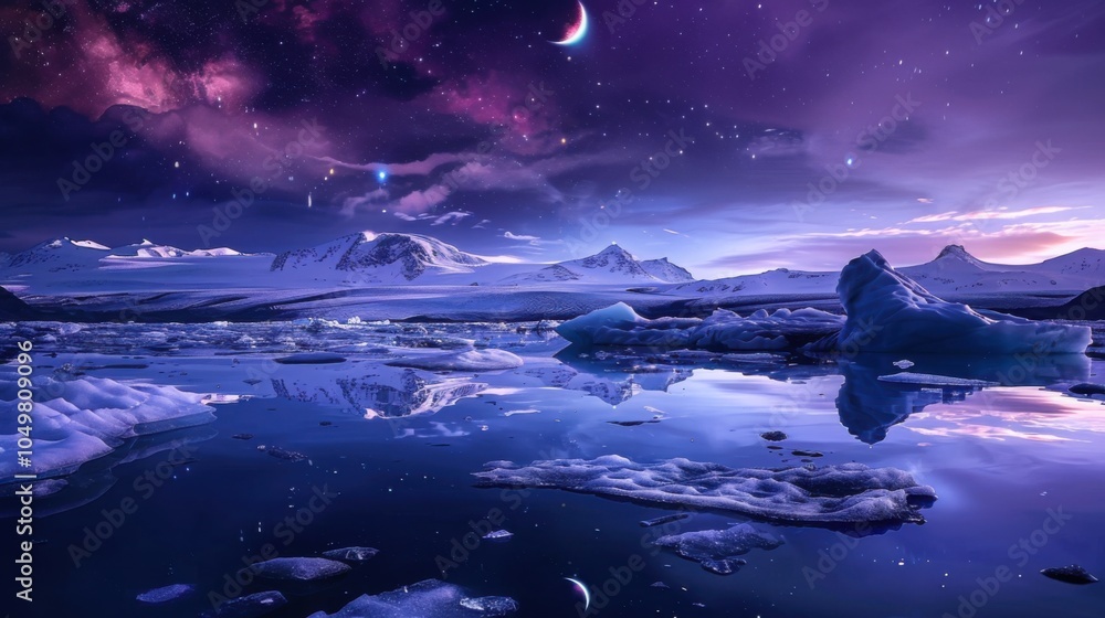 Poster a mesmerizing view of a remote glacier lagoon with reflective, floating icebergs and a rare, bright 