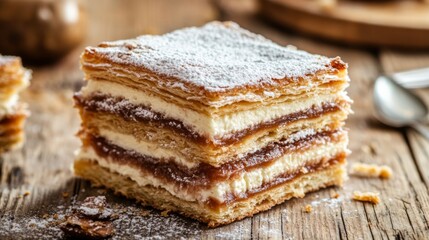 Delicious Layered Pastry Dessert on Wooden Table
