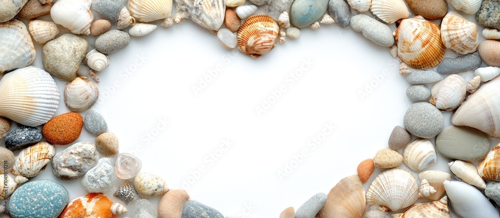 Poster Heart shaped frame made of stones and seashells isolated on white. with copy space image. Place for adding text or design