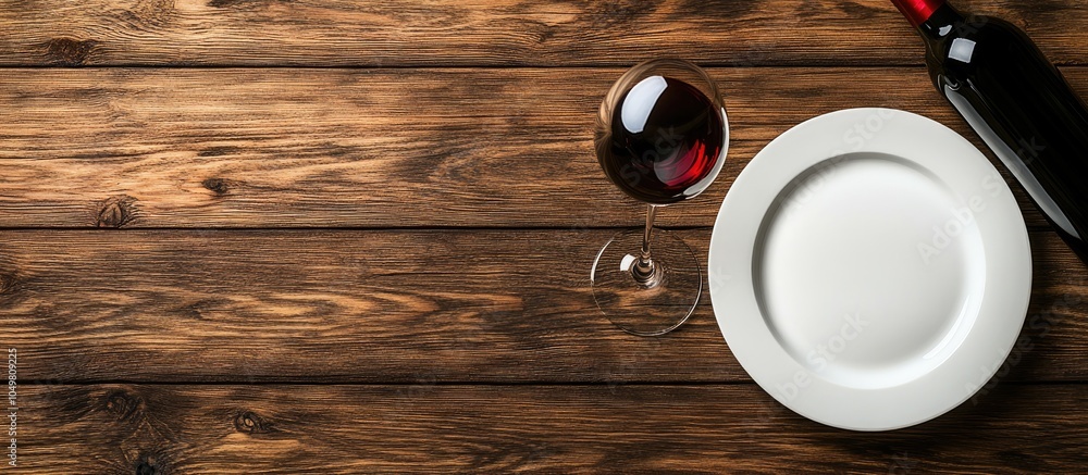 Poster table setting featuring an empty plate wine glass and a bottle of red wine overhead view of a rustic