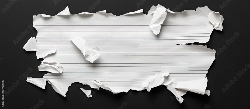 Poster set torn pieces of paper on a solitary black background shredded lined notebook paper. with copy spa