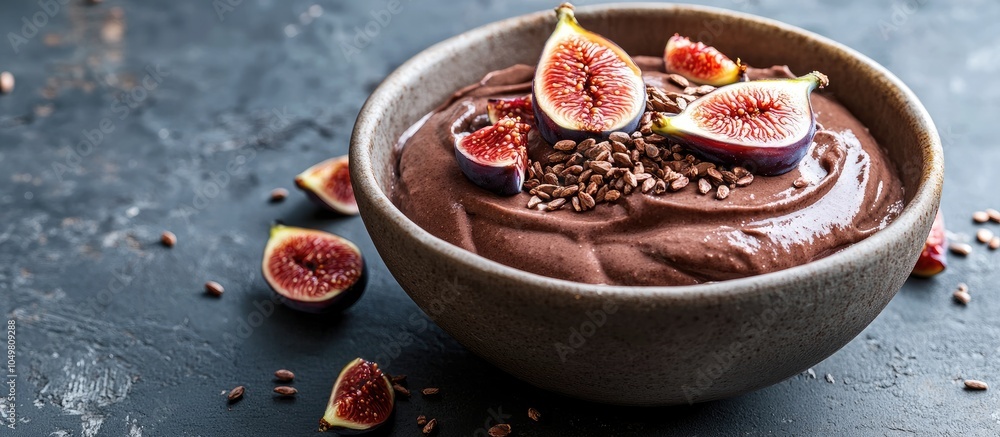 Poster chocolate smoothie bowl or vegan ice cream topped with figs and hemp seeds set against a gray backgr