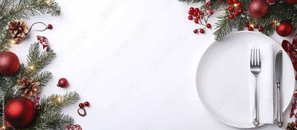 Poster traditional christmas table setting featuring an empty white plate linen napkin cutlery and festive 