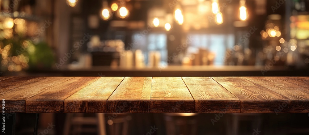 Aufkleber empty brown wooden table with a selected focus and a blurred coffee shop background featuring bokeh 