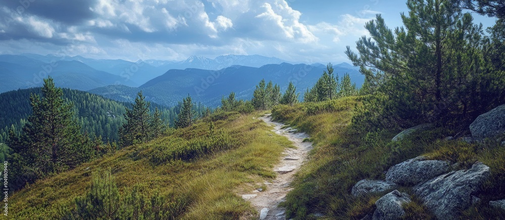 Aufkleber scenic hiking path in wooded mountain summit. with copy space image. place for adding text or design