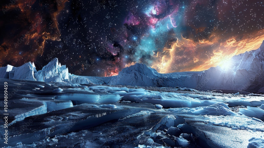 Poster a mesmerizing view of a remote high-altitude glacier with fractured ice sheets and a rare, vivid sup