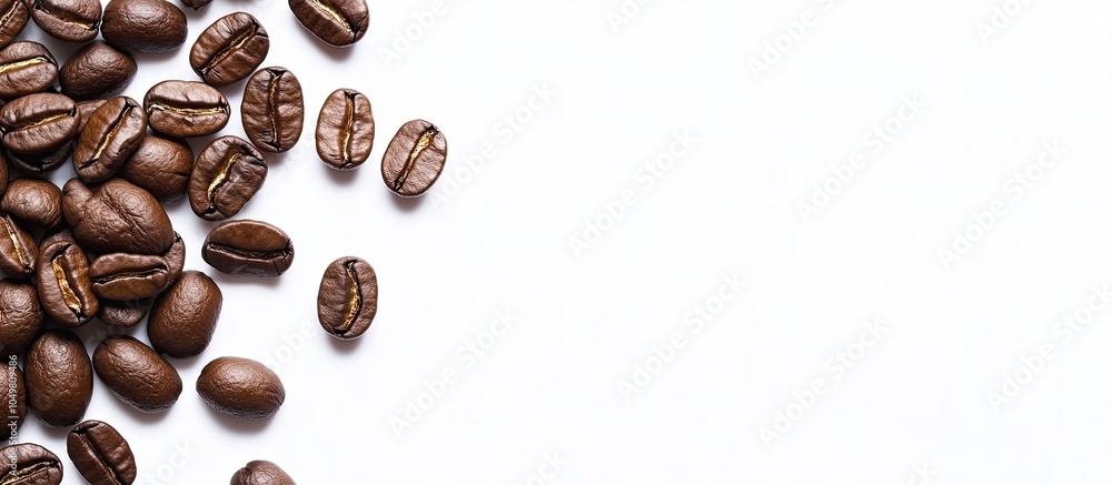 Leinwandbilder Roasted coffee beans positioned on a white background from a top view provide space for your messages. with copy space image. Place for adding text or design