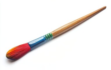 Fototapeta premium Single Paintbrush: A large paintbrush with colored bristles, isolated to show its wooden handle and detail on a white background 