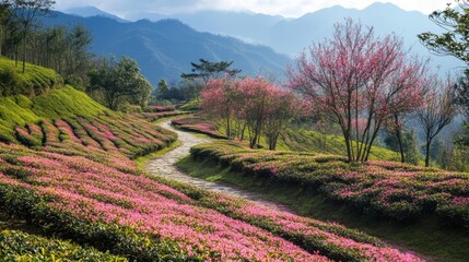 Fototapeta premium A picturesque tea plantation in Muzangchai with blooming flowers and well-maintained