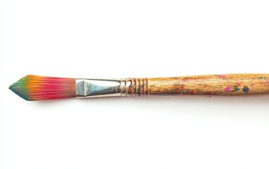 Single Paintbrush: A large paintbrush with colored bristles, isolated to show its wooden handle and detail on a white background 