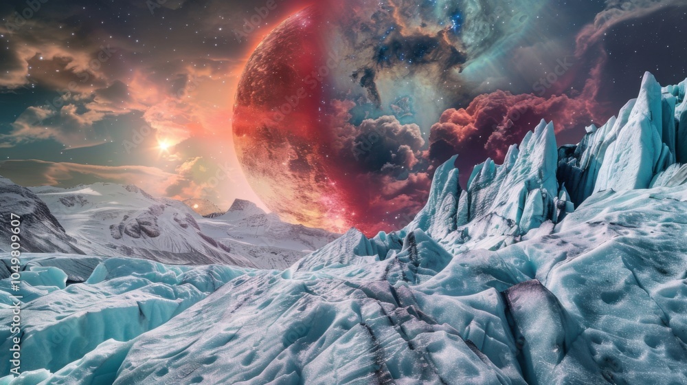 Poster a mesmerizing view of a remote high-altitude glacier with fractured ice sheets and a rare, vivid sup