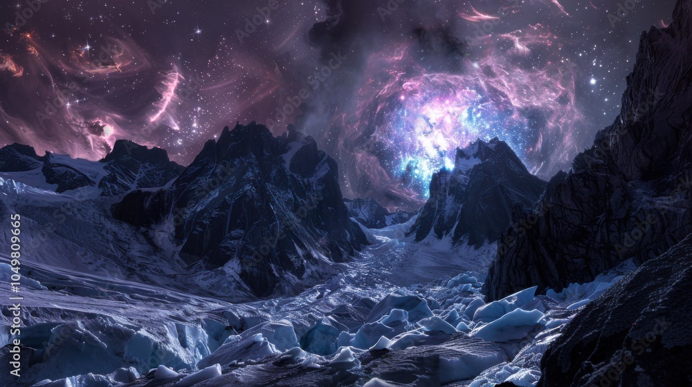Poster a mesmerizing view of a remote high-altitude glacier with fractured ice sheets and a rare, vivid sup
