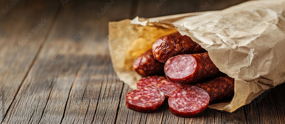 Aufkleber smoked sausage and sliced Finnish salami wrapped in paper placed on a wooden background. with copy space image. Place for adding text or design