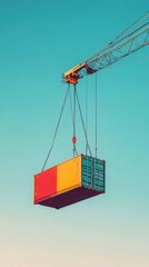 Fototapeta premium A tall industrial crane lifting a shipping container high into the air, with a clear sky in the background