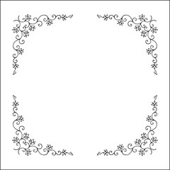 Elegant black and white vector round decorative frame, vegetal ornamental frame with flowers, decorative border, corners. Isolated vector illustration.	