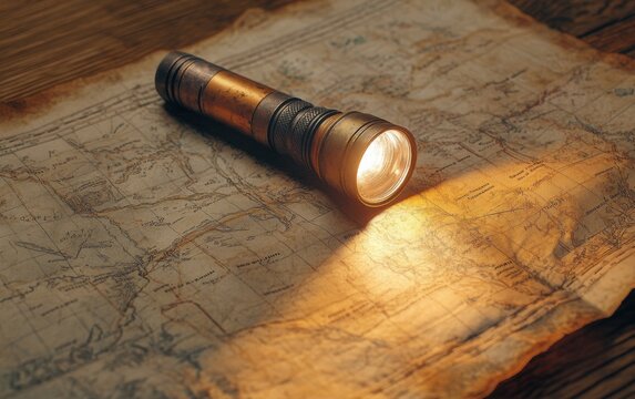 A vintage flashlight resting on an old map spread out on a wooden table, the beam softly illuminating the creased paper and faded routes
