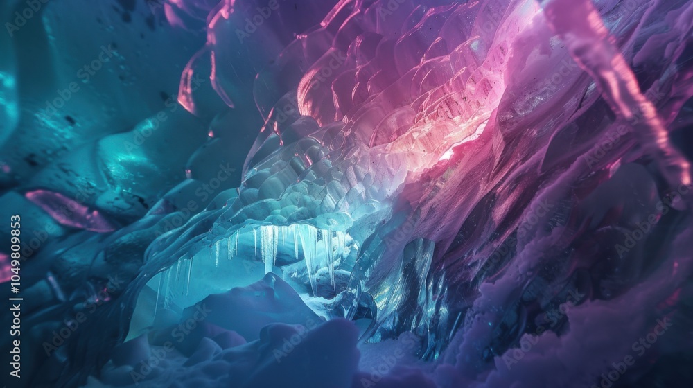 Poster A mesmerizing view of a remote ice cave with multi-hued crystal formations and a rare, bright aurora borealis creating a surreal light show within the icy confines, Ice cave scene