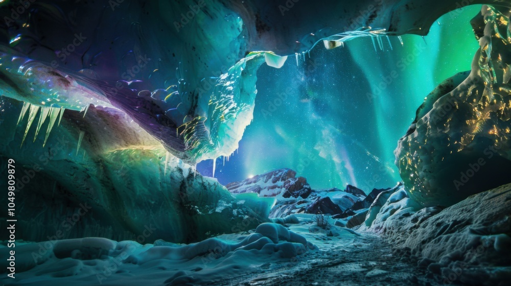 Poster a mesmerizing view of a remote ice cave with multi-hued crystal formations and a rare, bright aurora