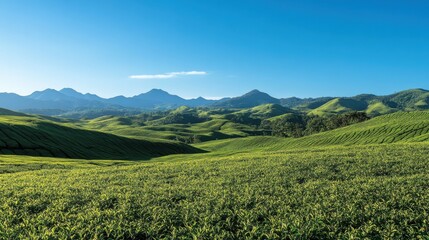 Obraz premium A picturesque view of Muzangchai lush green tea fields stretching across rolling hills under