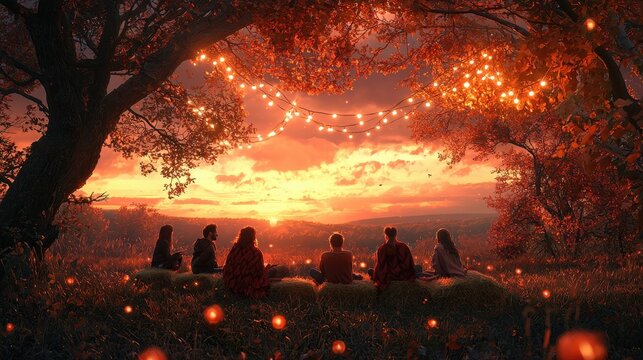 A group of friends sitting on hay bales, wrapped in cozy blankets, sharing stories under string lights as the sun sets in an open field of autumn trees 