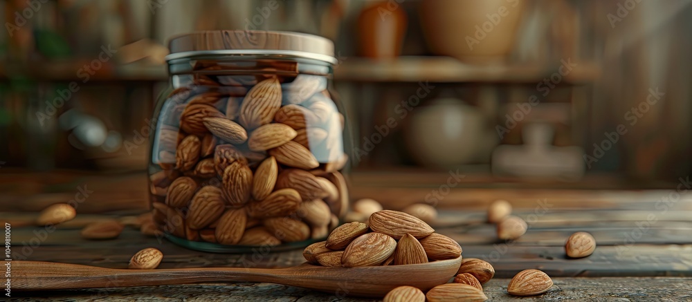 Poster almonds in a wooden spoon on a table background almonds in a glass jar selective focus. with copy sp