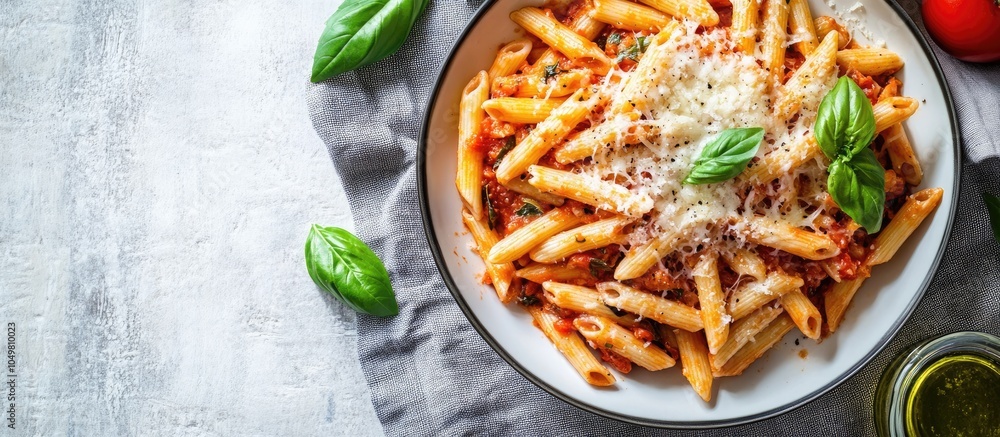 Leinwandbilder Penne pasta in All Arrabbiata style topped with cheese and basil on a linen tablecloth Studio shot from the top view featuring copy space