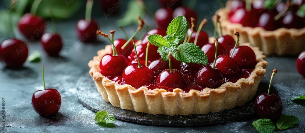 Poster pastry tart a delicate crispy and crumbly dessert filled with cherries in their own juice and mint a