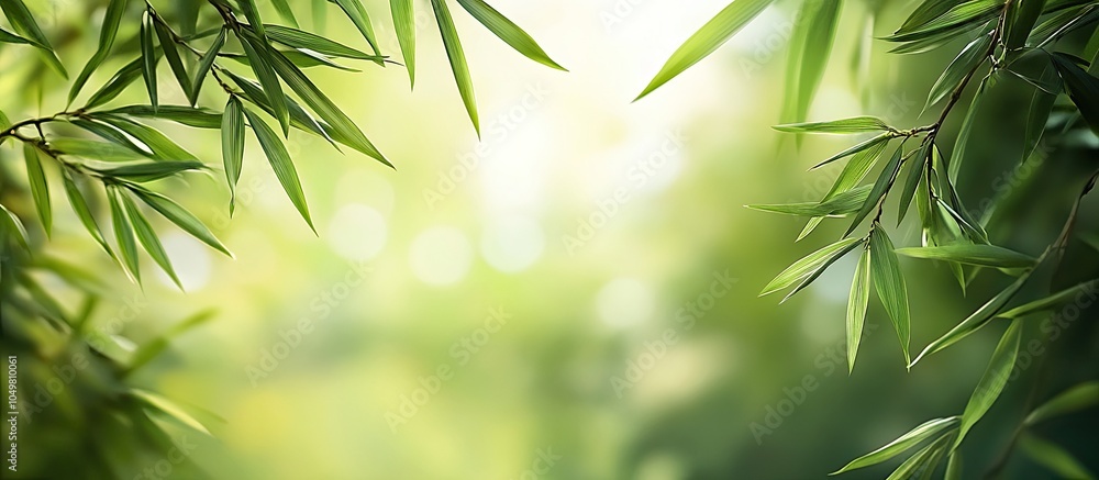 Aufkleber Bamboo background featuring green leaves and tropical branches blurred in the background along with copyspace