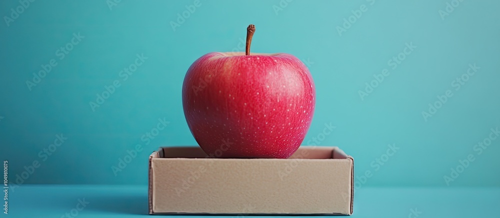 Fototapete attractive pink apple in a box against a blue background. with copy space image. place for adding te