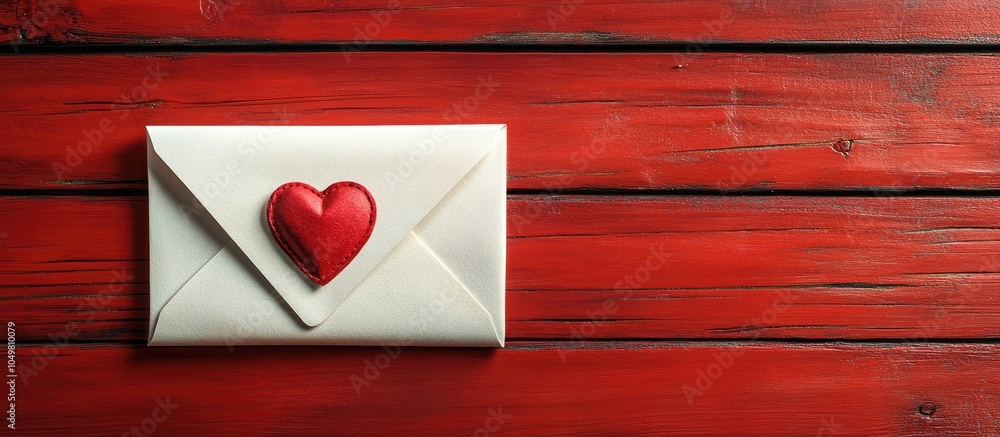 Poster white paper love letter envelope featuring a red heart on a red background atop a red wood table wit