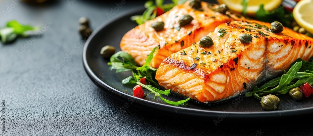 Fototapete Closeup of delicious cooked salmon with capers and salad presented on the table. with copy space image. Place for adding text or design