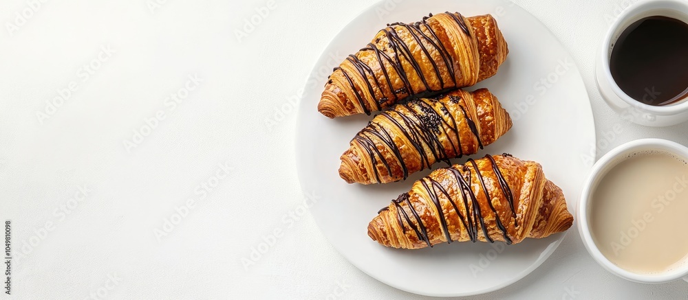 Leinwandbilder fresh warm croissants drizzled with chocolate alongside a cup of coffee with milk. with copy space i