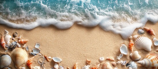 Fototapeta premium Seashells and fish border summer beach sand. with copy space image. Place for adding text or design