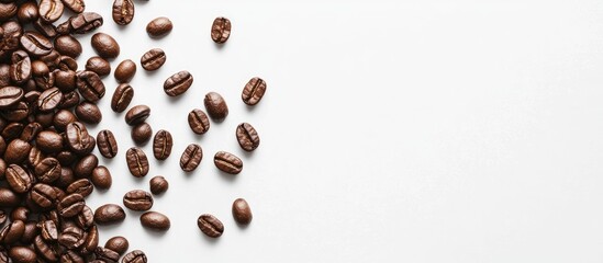 Obraz premium Coffee beans are scattered on a white surface extending into the image there is a white background featuring coffee beans along with space for text or other elements. with copy space image