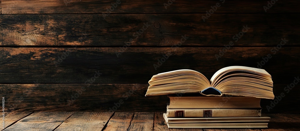 Poster open book with a stack of hardback books on a wooden table education concept copy space