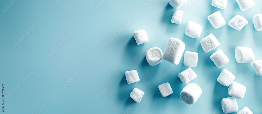 Poster Design of delicious marshmallows with strong shadows on a light blue backdrop. with copy space image. Place for adding text or design