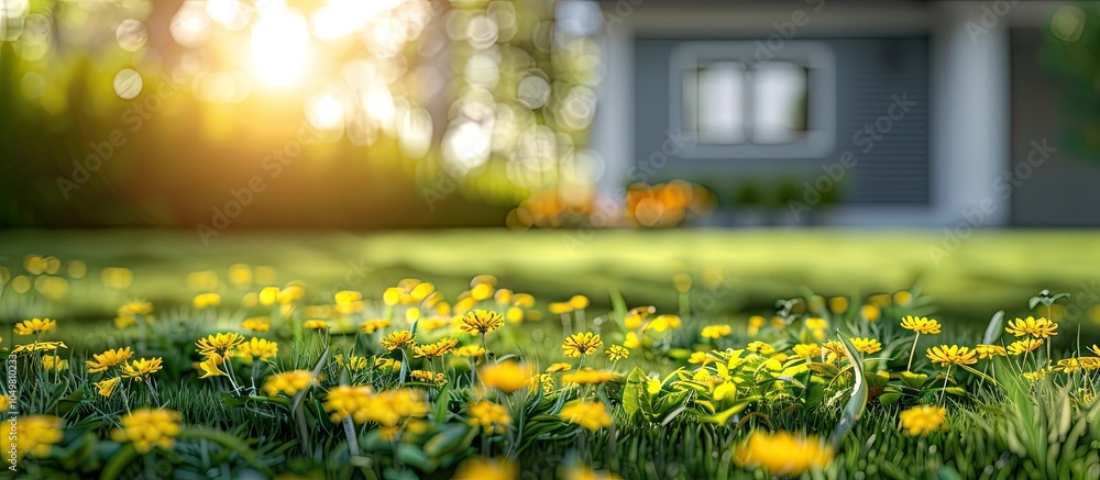 Leinwandbilder abstract background with a blurred radial effect featuring yellow flowers and a green lawn behind a 