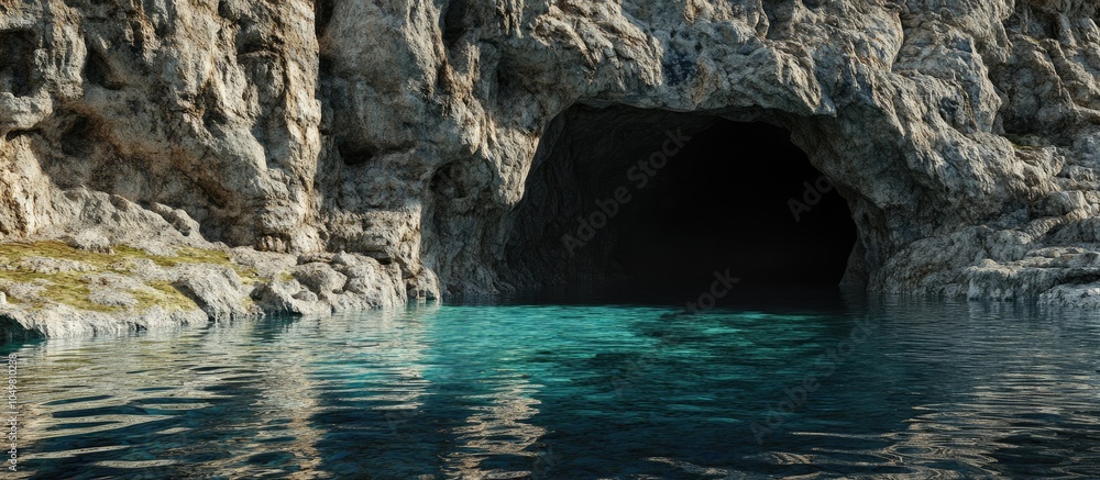 Poster The entrance to a cave is located on the side of a cliff with a pool of water situated in front of the opening The cliff consists of limestone. with copy space image. Place for adding text or design