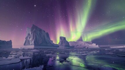 A mesmerizing view of the Northern Lights over the icebergs of Greenland's Disko Bay, Polar scene, Ethereal style