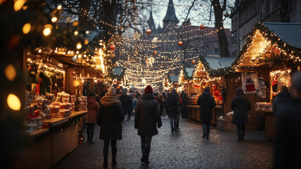  Friends walking through a Christmas market smiling during evening 