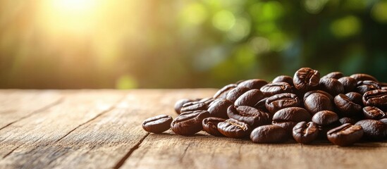 Fresh coffee beans on a wooden table The aroma of fresh coffee beans. with copy space image. Place for adding text or design