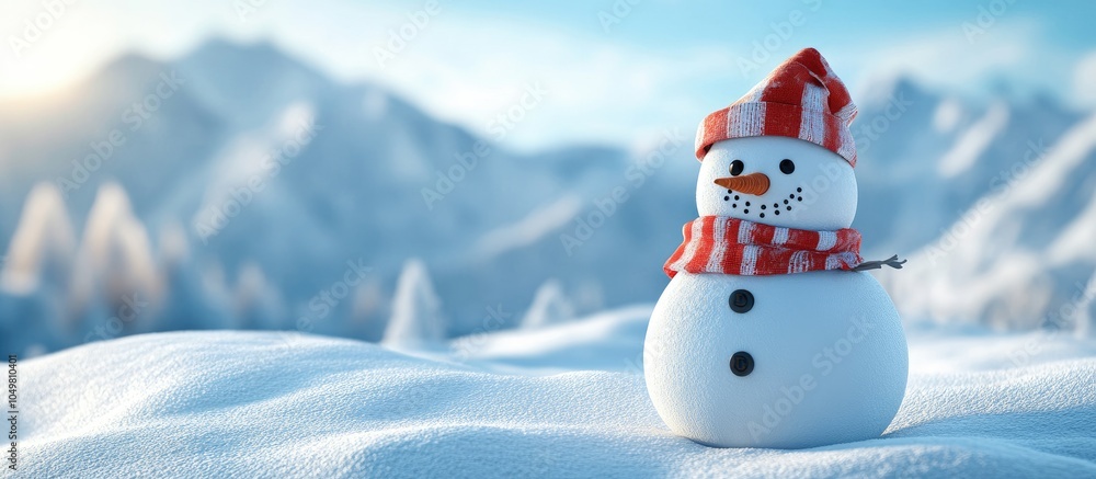 Poster snowman positioned in the snow. with copy space image. Place for adding text or design
