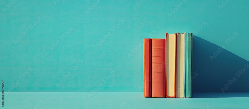 Poster books on a blue surface. with copy space image. Place for adding text or design