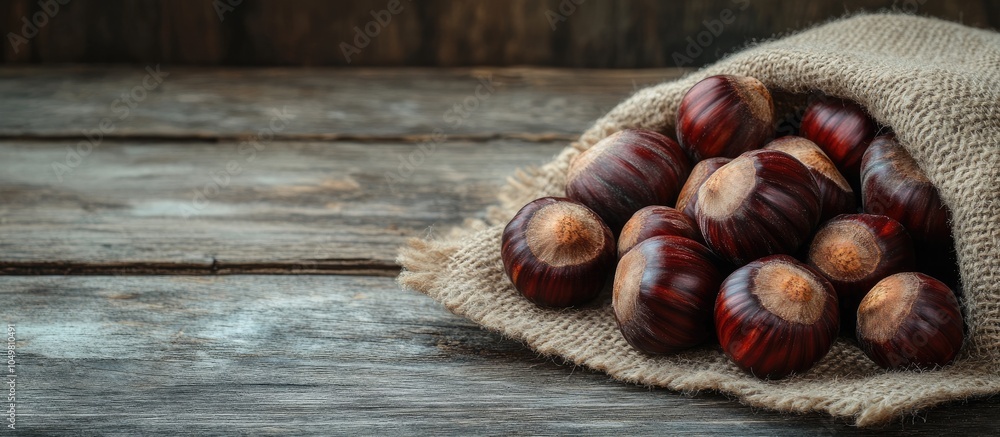 Leinwandbilder fresh chestnuts on a vintage wooden table with a sack cloth napkin. with copy space image. place for