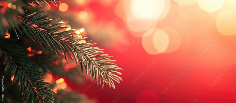 Aufkleber Christmas decoration featuring fir branches partially blurred against a red background. with copy space image. Place for adding text or design