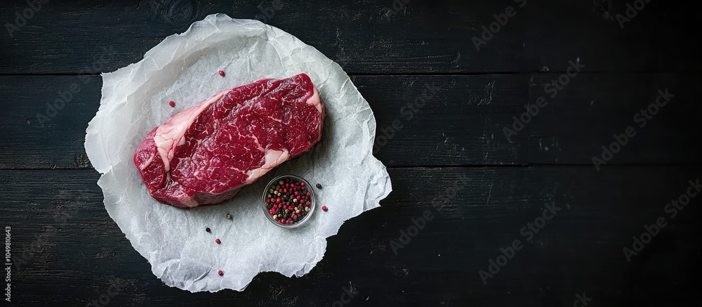 Poster fresh raw beef marble steak on paper with a saucer filled with pink peppercorn spice set on a black 