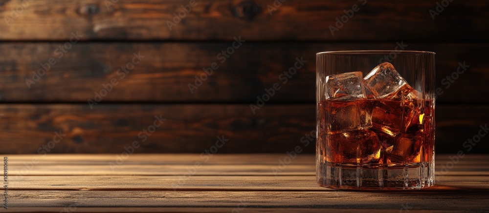 Aufkleber Glass of whiskey with ice cubes on a wooden surface. with copy space image. Place for adding text or design