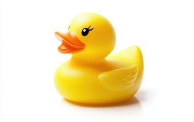 Fototapeta premium Rubber Duck: A classic yellow rubber duck with a bright orange beak, positioned on a white background 